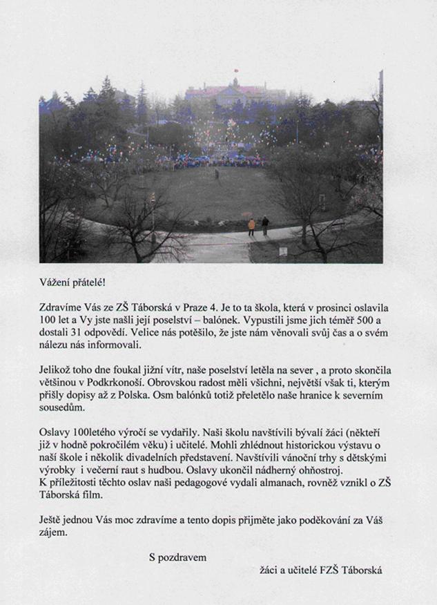 Kopie dopisu zaslaného všem, kteří odpověděli
